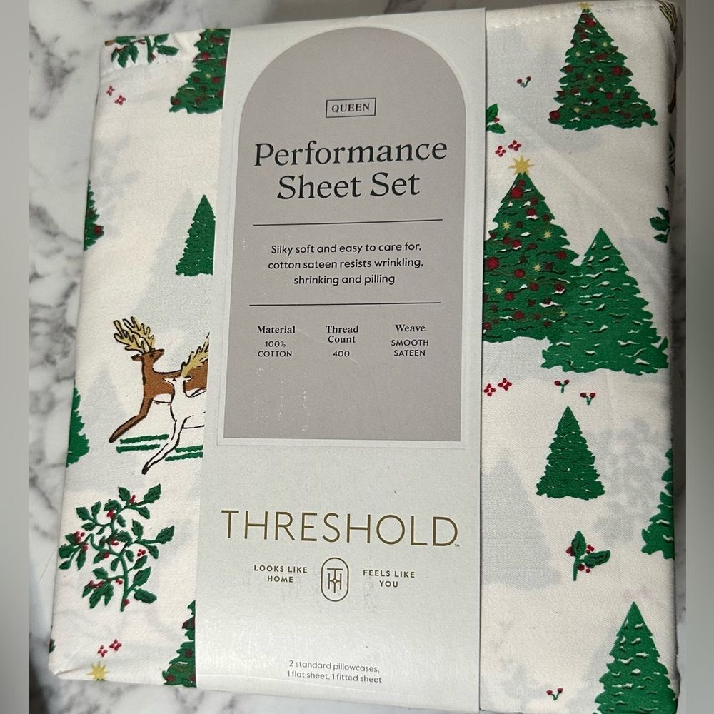 New Threshold Queen Sheet Set Holiday Christmas Tree Winter Scene 400 Thread